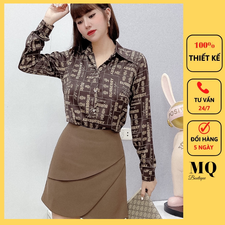 Áo sơ mi nữ lụa dài tay cao cấp công sở họa tiết chữ nhỏ ô nền nâu cao cấp, áo sơ mi họa tiết thiết kế MQ Boutique