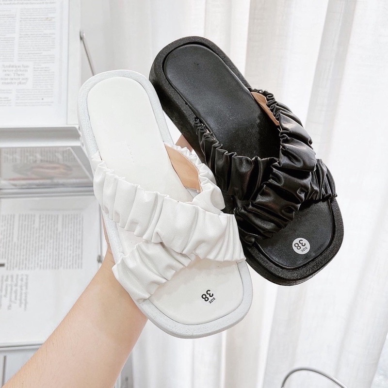 Dép Nữ Quai Chun Chéo Da Mềm Đế Bánh Mì Vải Nhún Siêu Xinh DD-0311