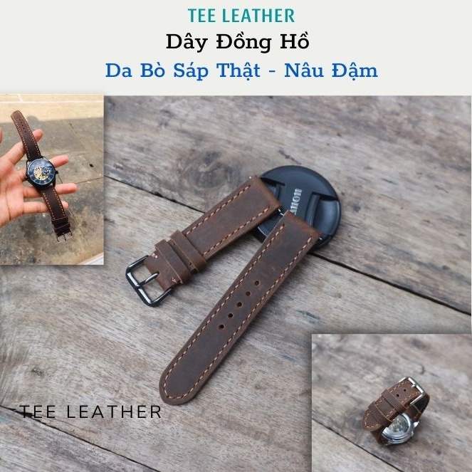 Dây da đồng hồ nam da bò Vintage-khâu tay thủ công size 18mm, 20mm, 22mm, 24mm - TEE LEATHER [DA THẬT]