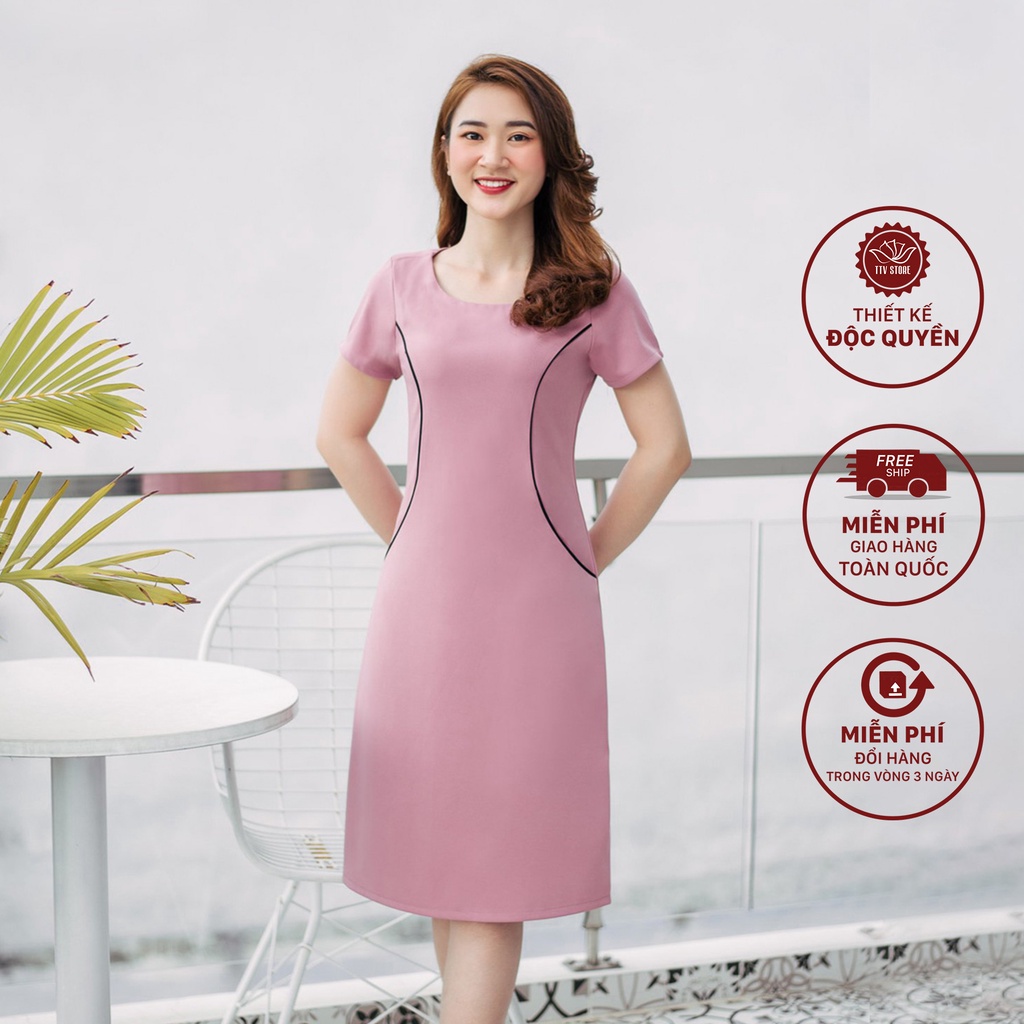 Đầm nữ trung niên form suông thiết kế cao cấp cổ tròn tay ngắn - Màu hồng ruốc - TTV899 TTV Store