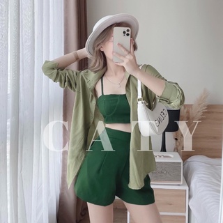 Set 3 món áo somi + crop 2s + short đi biển năng động