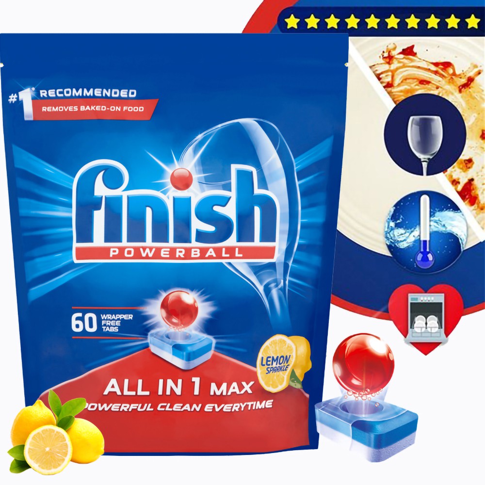 Túi 60 viên rửa chén Finish All In 1 Max Dishwasher Tablets Lemon Sparkle QT04585 - hương chanh, Viên nén rửa chén bát