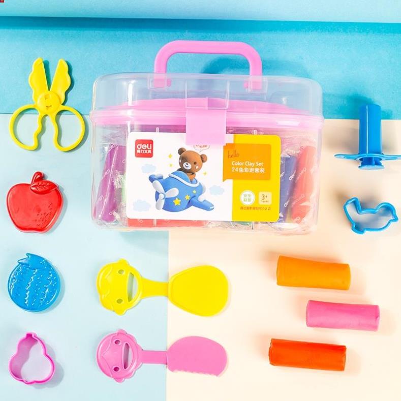 Đất nặn nhiều màu Deli Chất liệu an toàn có khuôn kèm 12 màu 01 hộp nhựa có quai xách đồ chơi sáng tạo cho bé
