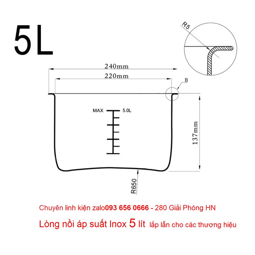 Lòng nồi áp suất Inox 6lit - Ruột nồi áp suất Inox 5L cho nồi áp suất điện 6lít lắp lẫn