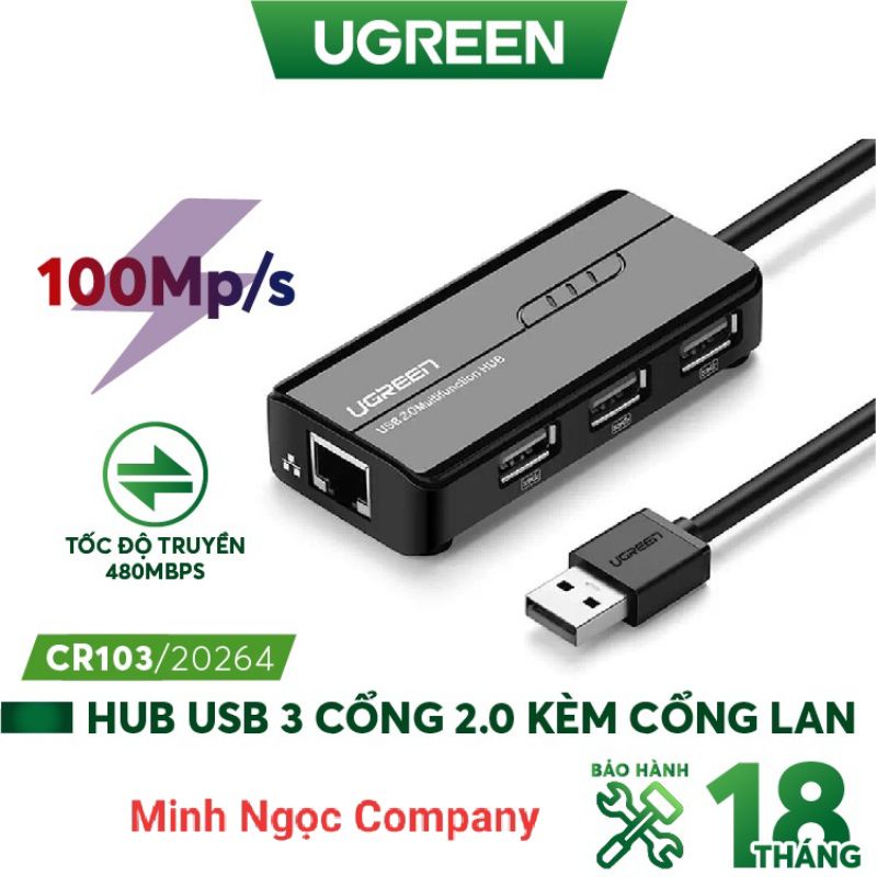 Bộ chia 3 cổng USB 2.0 kèm cổng mạng LAN 10/100/1000 Mbps cao cấp Ugreen 20264 CR103 - Hàng Chính Hãng