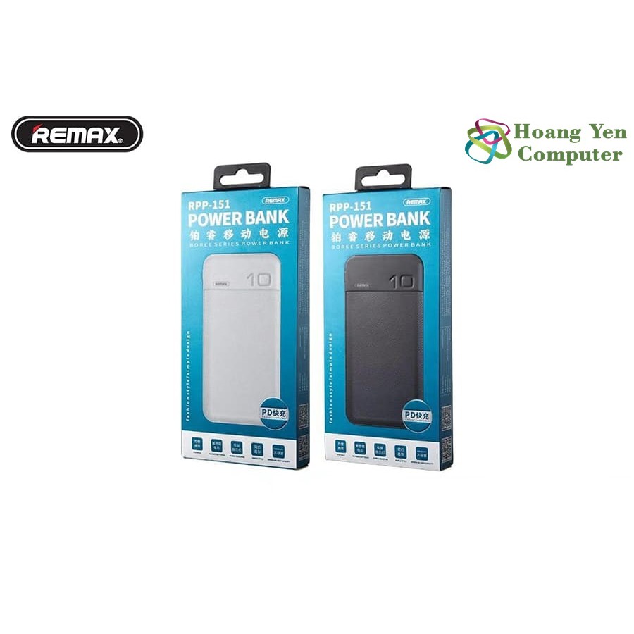 Sạc Dự Phòng Remax RPP-151 10000Mah (Sạc Nhanh QC3.0, PD 18W) 2 Cổng Sạc Vào, 1 Cổng Sạc Ra, Màn Hình Led