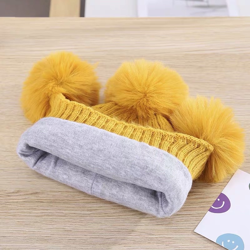 Mũ len chụp đầu 3 quả bông thêu dễ thương cho bé trai bé gái , phù hợp 5 tháng - 3 tuổi