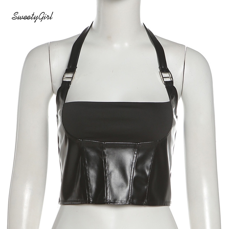 Áo da ba lỗ màu trơn dáng ôm hở lưng phối khóa kéo gợi cảm cá tính cho nữ