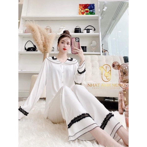 Đồ bộ pijama mặc nhà LỤA LATIN trơn tay dài TIỂU THƯ phối bèo hot trend kèm nơ cho bạn nữ sang trọng và tinh tế