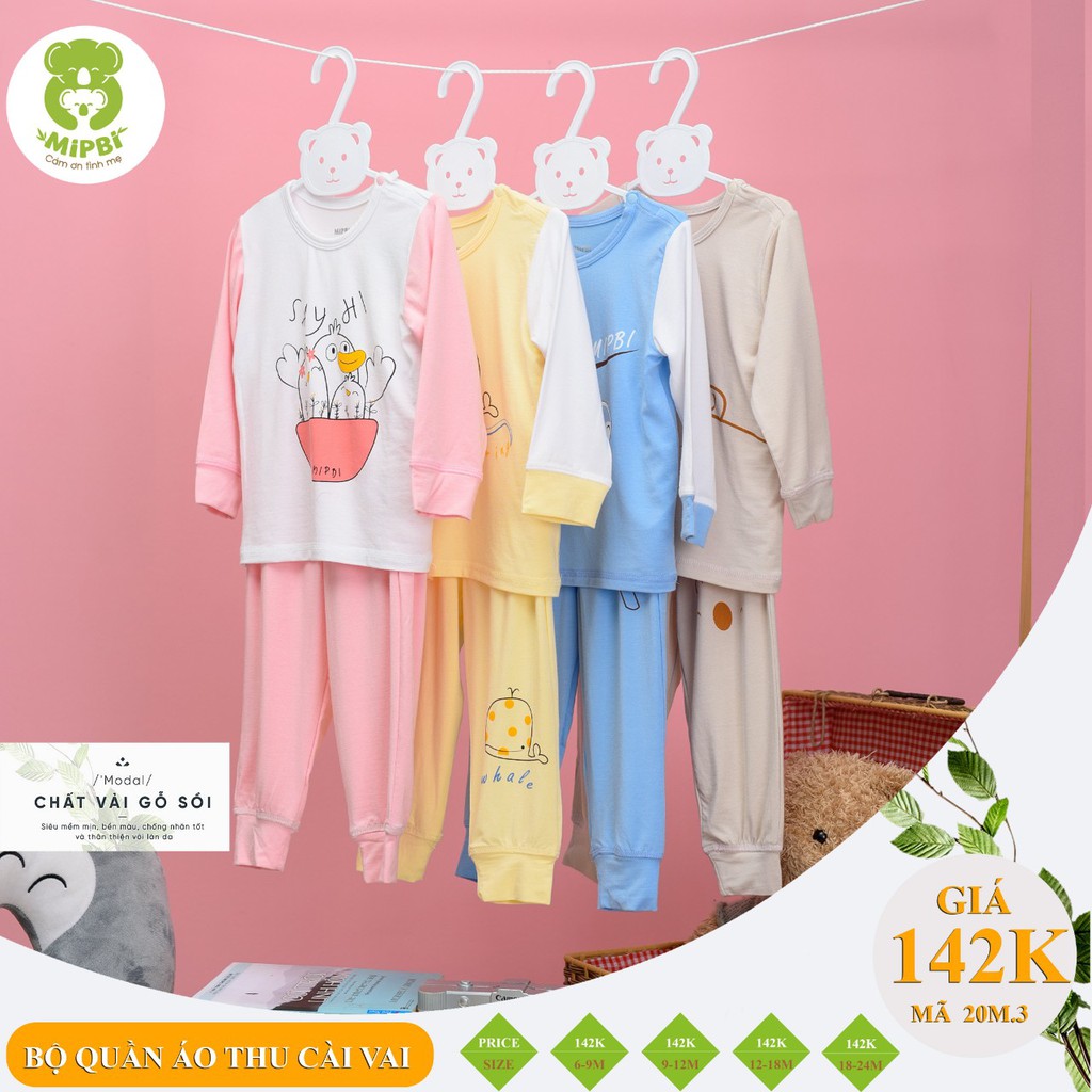 Bộ quần áo sơ sinh Mipbi dài tay cài vai CHẤT VẢI GỖ SỒI cao cấp siêu mềm, bền màu, FORM RỘNG