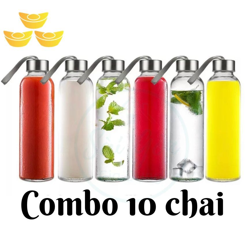 (Combo 10) Bình đựng nước thuỷ tinh có nắp kèm dây xách dung tích 300ml /500ml