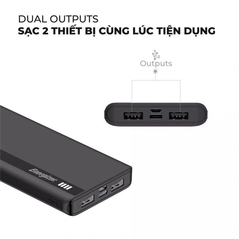 Pin Dự Phòng Energizer UE10054 10000mAh 2 Cổng inputs 2 Cổng Outputs