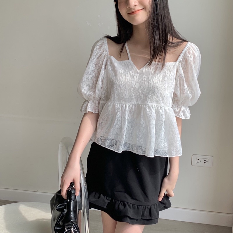 áo kiểu nữ babydoll LOLLIE STUDIO TKA334 cổ dây yếm vải tơ hoa