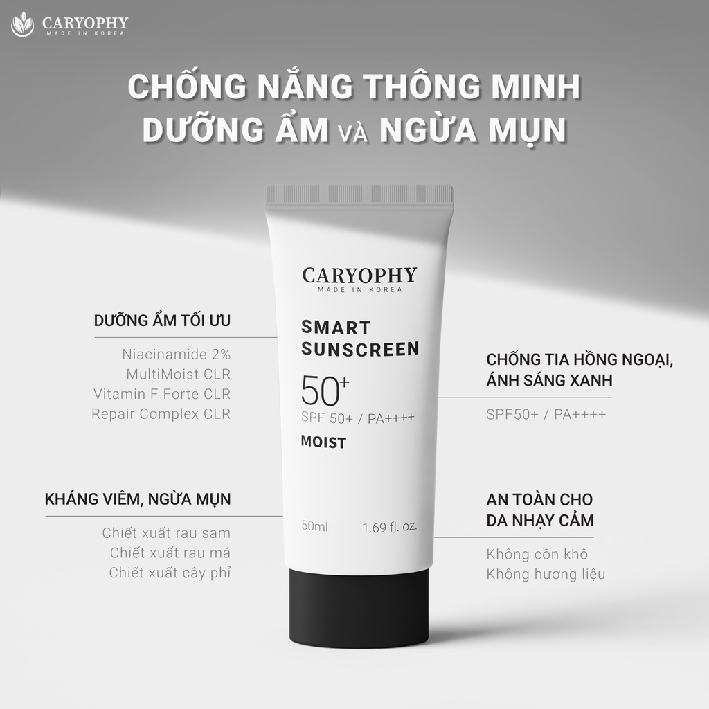 Kem chống nắng Caryophy cho da dầu mụn hàn quốc 3in1 smart sunscreen tone up spf50 50ml