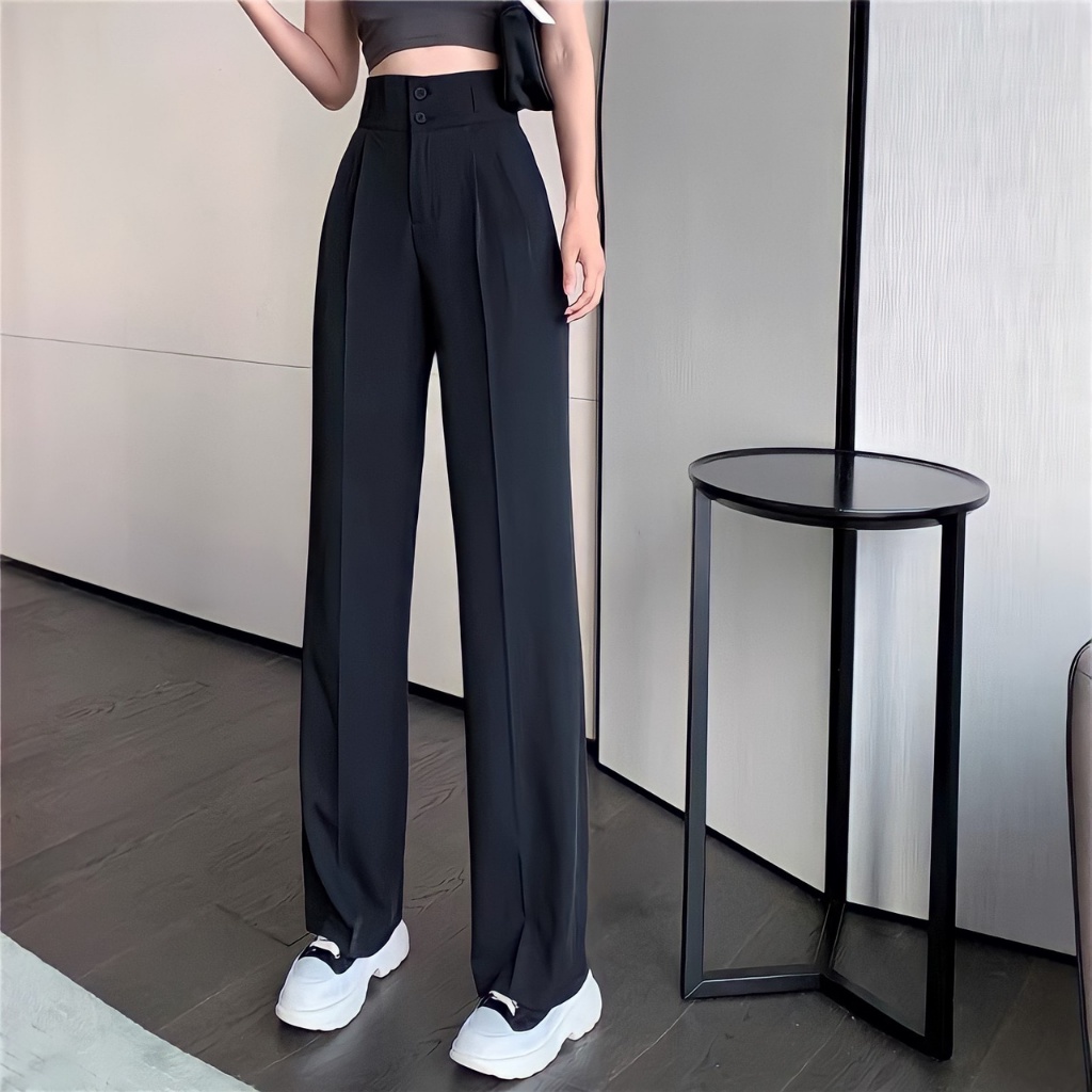 Quần Culottes Ống Rộng Lưng Cao 2 Khuy, Quần Ống Suông Cạp Cao 2 Cúc Dài 100cm Phong Cách Trẻ Trung