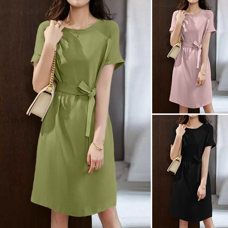 Đầm ZANZEA ngắn tay cổ tròn màu trơn thanh lịch tao nhã cho nữ