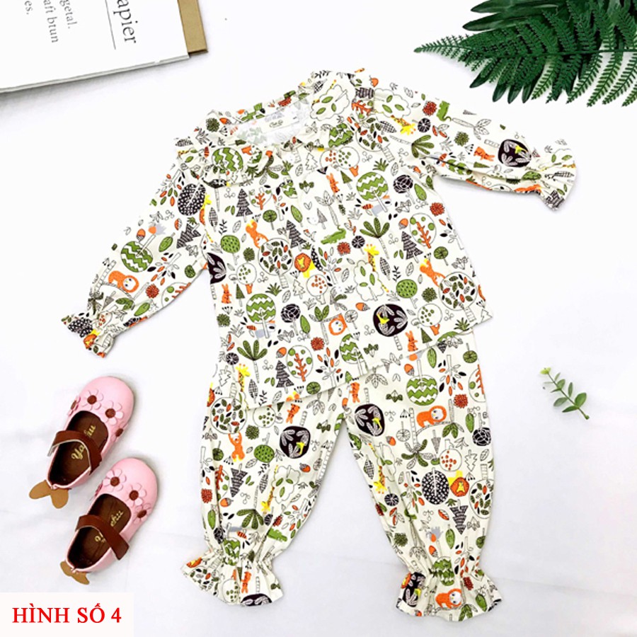 Bộ pijama thô lụa dài tay viền ren cổ bèo in hình cho bé gái