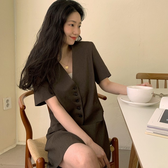 Áo khoác ngắn dáng rộng/ Chân váy eo cao đơn giản phong cách Hàn Quốc retro 43184