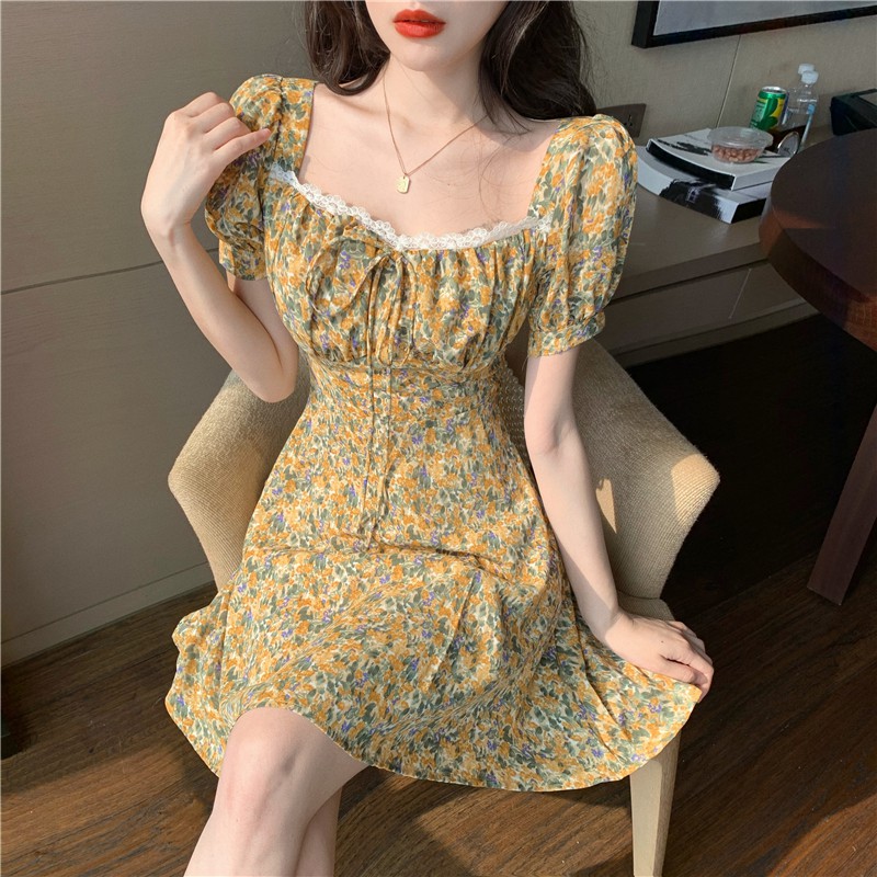 Xiaozhainv Đầm Cổ Vuông Tay Phồng Họa Tiết Hoa Xinh Xắn Phong Cách Retro Hàn Quốc | BigBuy360 - bigbuy360.vn