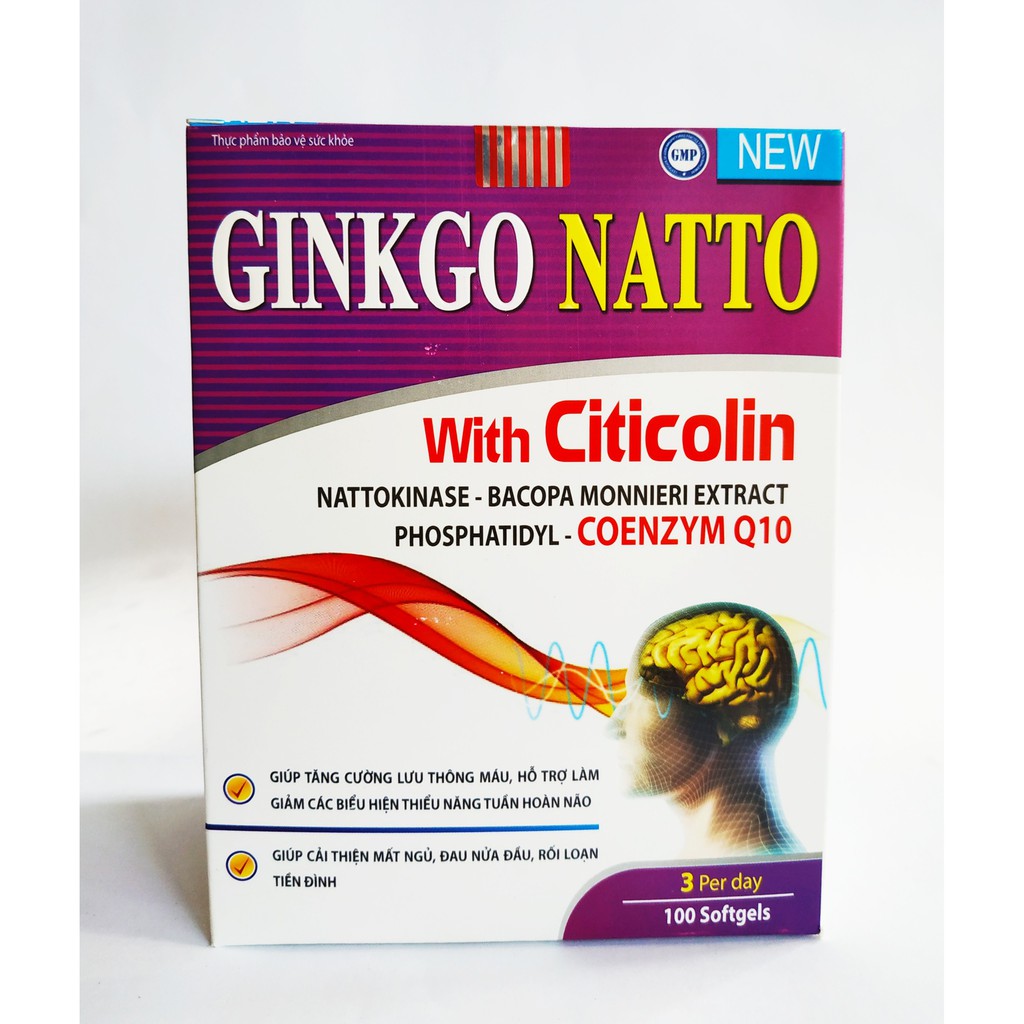 HOẠT HUYẾT DƯỠNG NÃO GINKGO NATTO WITH CITICLIN COENZYM Q10 - CẢI THIỆN MẤT NGỦ, ĐAU NỬA ĐẦU, RỐI LOẠN TIỀN ĐÌNH - 100V