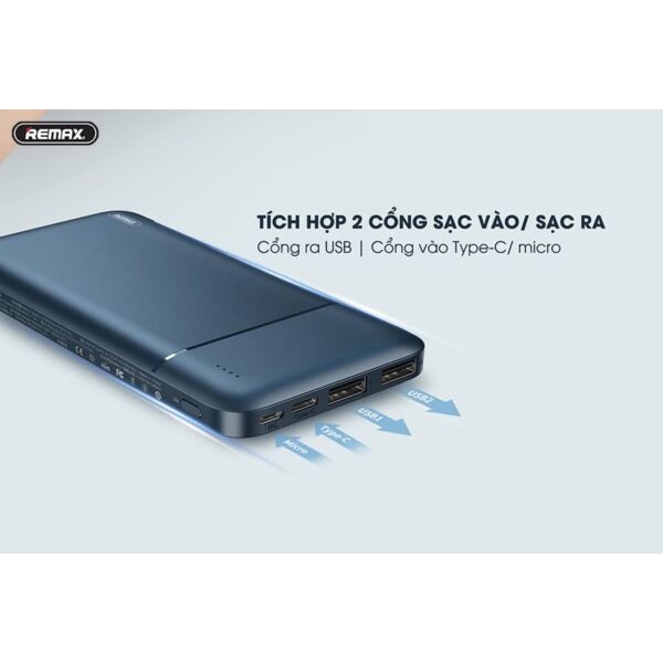 Sạc dự phòng siêu mỏng 10000mAh Remax RPP-96 Lõi Li-Polymer, 2 cổng sạc Input/Output