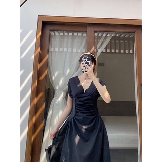Đầm midi voan tơ xếp eo cổ V
