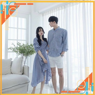 Áo ĐÔi Set áo váy sơ mi đôi nam nữ màu xanh cao câp phong cách hàn quốc(có ảnh thật)