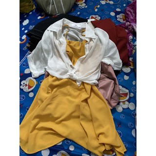 Set áo khoác váy dây vàng kiểu