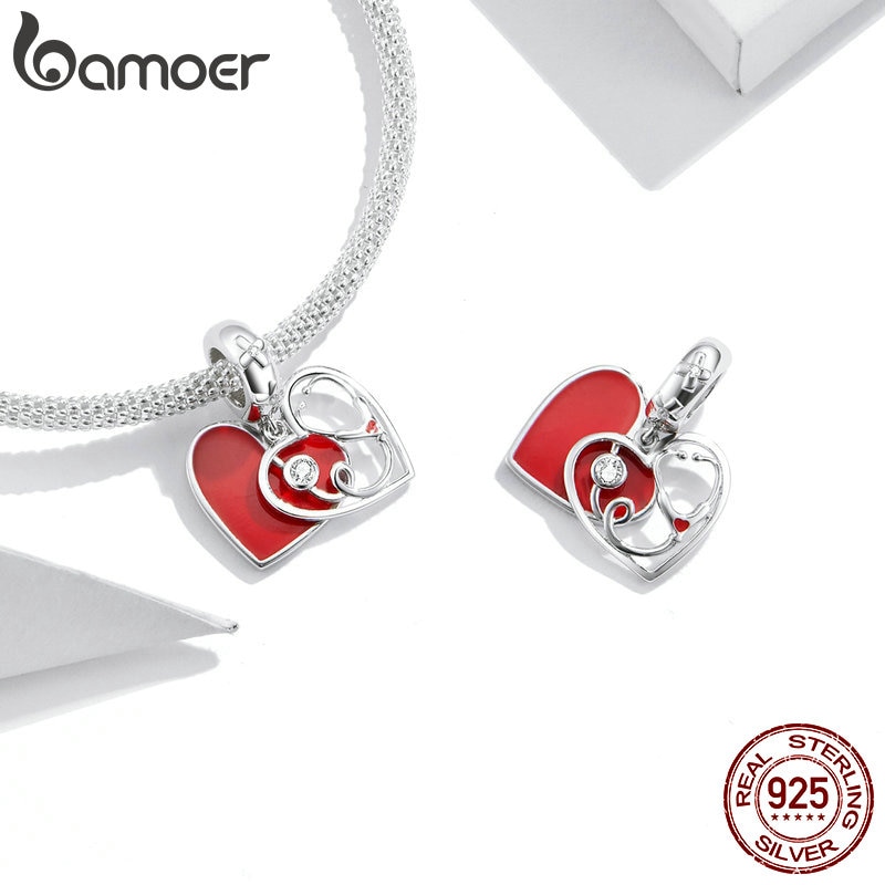 Hạt Charm Bamoer BSC308 Mặt Hình Ống Nghe Bác Sĩ Và Trái Tim Bằng Bạc Sterling 925 Thật Trang Trí Dây Chuyền Bạc