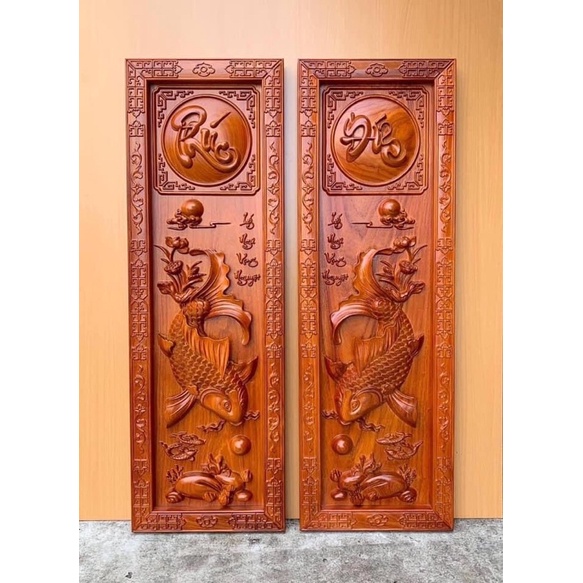 Bộ Tranh Phúc Đức Cá Chép Gỗ Hương KT 107x37
