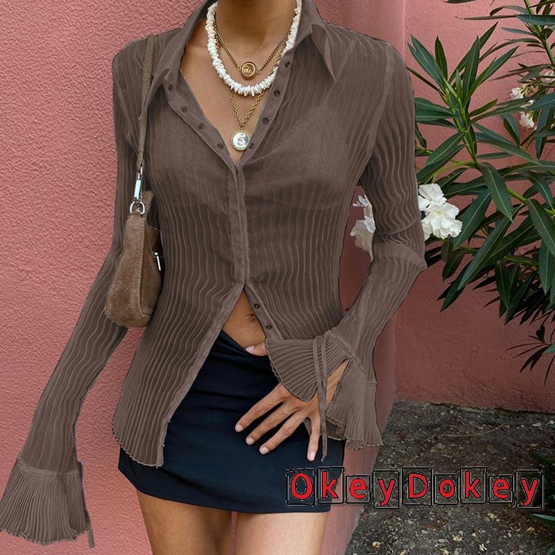 y2k Áo sơ mi tay dài ống loe màu trơn phong cách cổ điển thời trang cho nữ