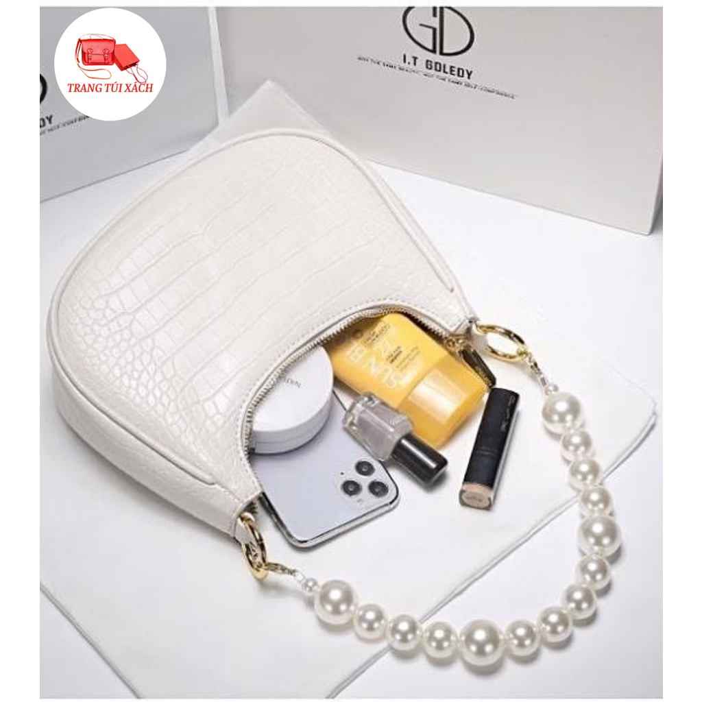 Túi Kẹp Nách Túi Xách Nữ Đeo Vai Dáng Thuyền Da Vân Kèm Dây Ngọc Sang Chảnh TTX88