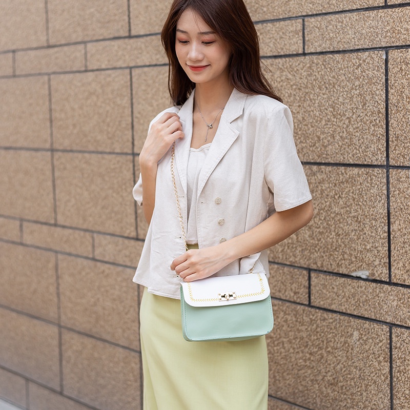 Túi Đeo Chéo Nhỏ Màu Sắc Tương Phản Phối Dây Xích Thời Trang Cho Nữ