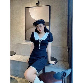 ĐẦM ĐEN PHỐI CỔ PETER TRẮNG VIỀN REN