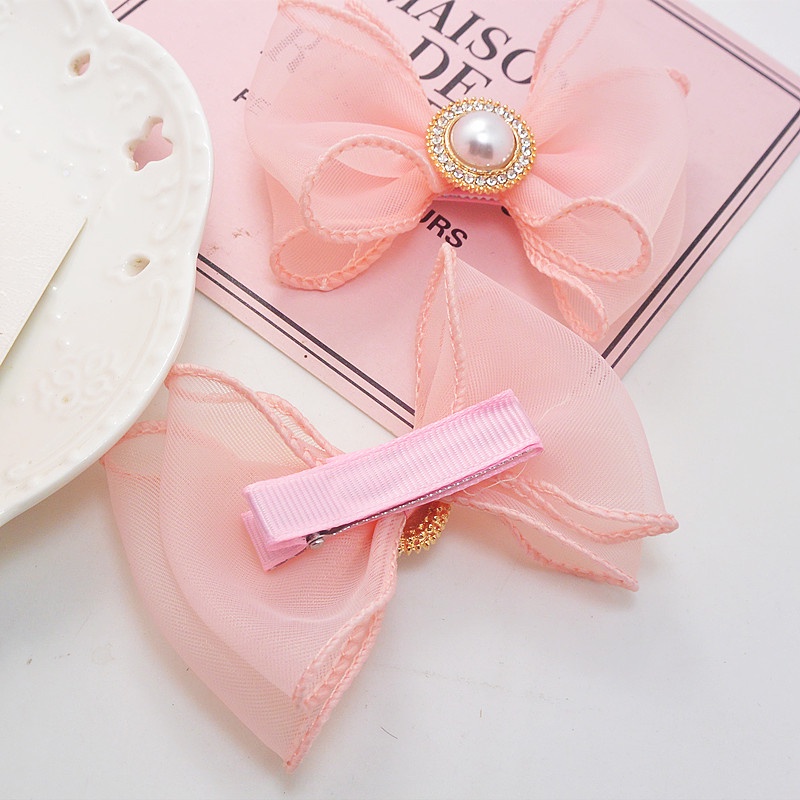 Kẹp Tóc Hình Vương Miện Đính Hạt Ngọc Trai Phối Ren Lưới Màu Hồng Xinh Xắn Cho Bé Gái