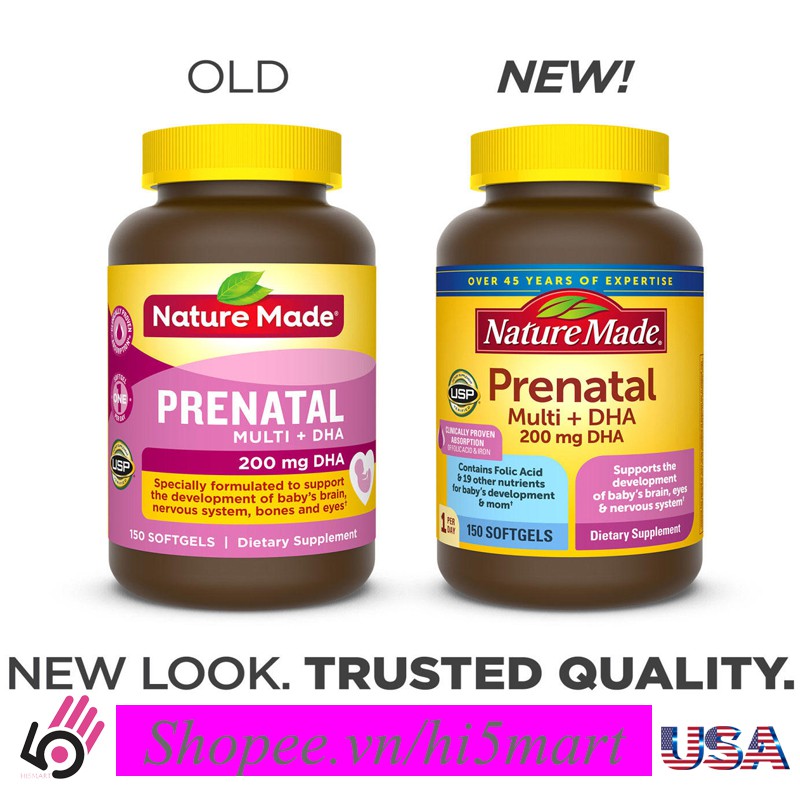 [USA] Viên Uống Vitamin Tổng Hợp cho Bà Bầu, Nature Made Prenatal Multi + DHA 150 viên