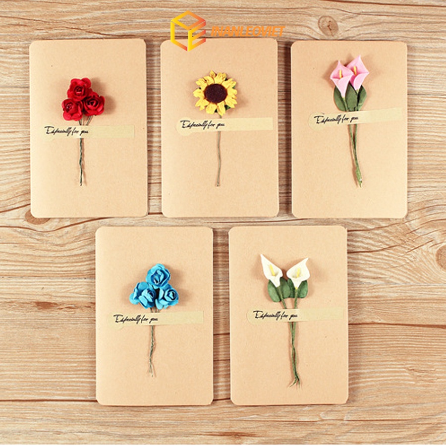 Thiệp Chúc Mừng Sinh Nhật / Lễ Hội / Giáng Sinh Đính Hoa Khô Kiểu Vintage gấp đôi kích thước 9.5x14.5cm