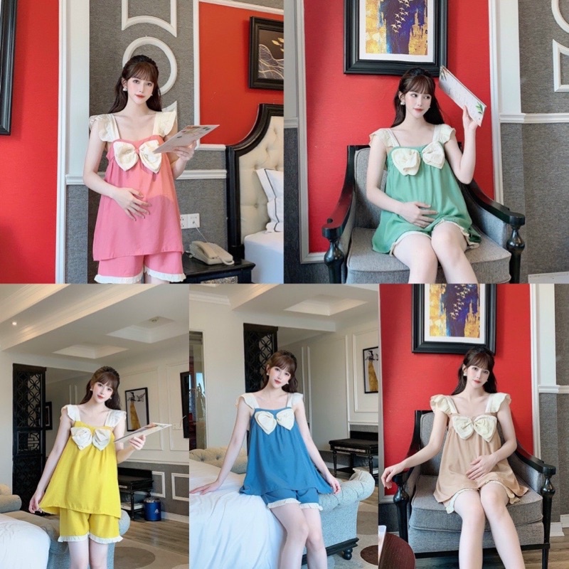 bộ bầu đùi thiết kế chất đũi Hàn cao cấp ☘️bộ cho bà bầu mùa hè mặc ở nhà ra ngoài đều được☘️free size 43~65kg BBH04