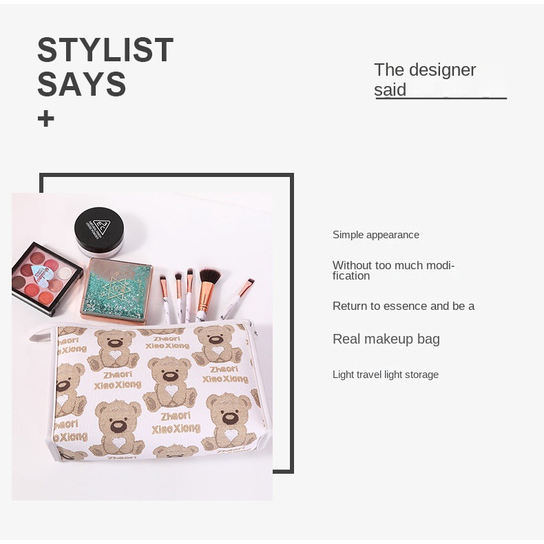 Túi Đựng Đồ Trang Điểm Cầm Tay Chống Nước Sức Chứa Lớn Có Khóa Kéo in Hình Gấu Dễ Thương