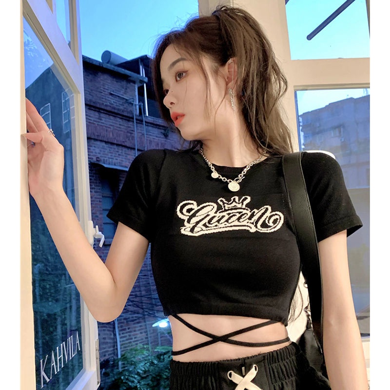 Áo thun COZOKC dệt kim tay ngắn dáng ôm cột dây in chữ thời trang cho nữ