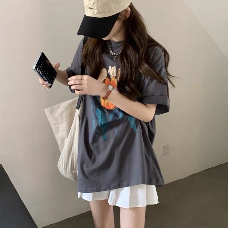 Áo thun dáng rộng tay ngắn phong cách retro thời trang hè cho nữ