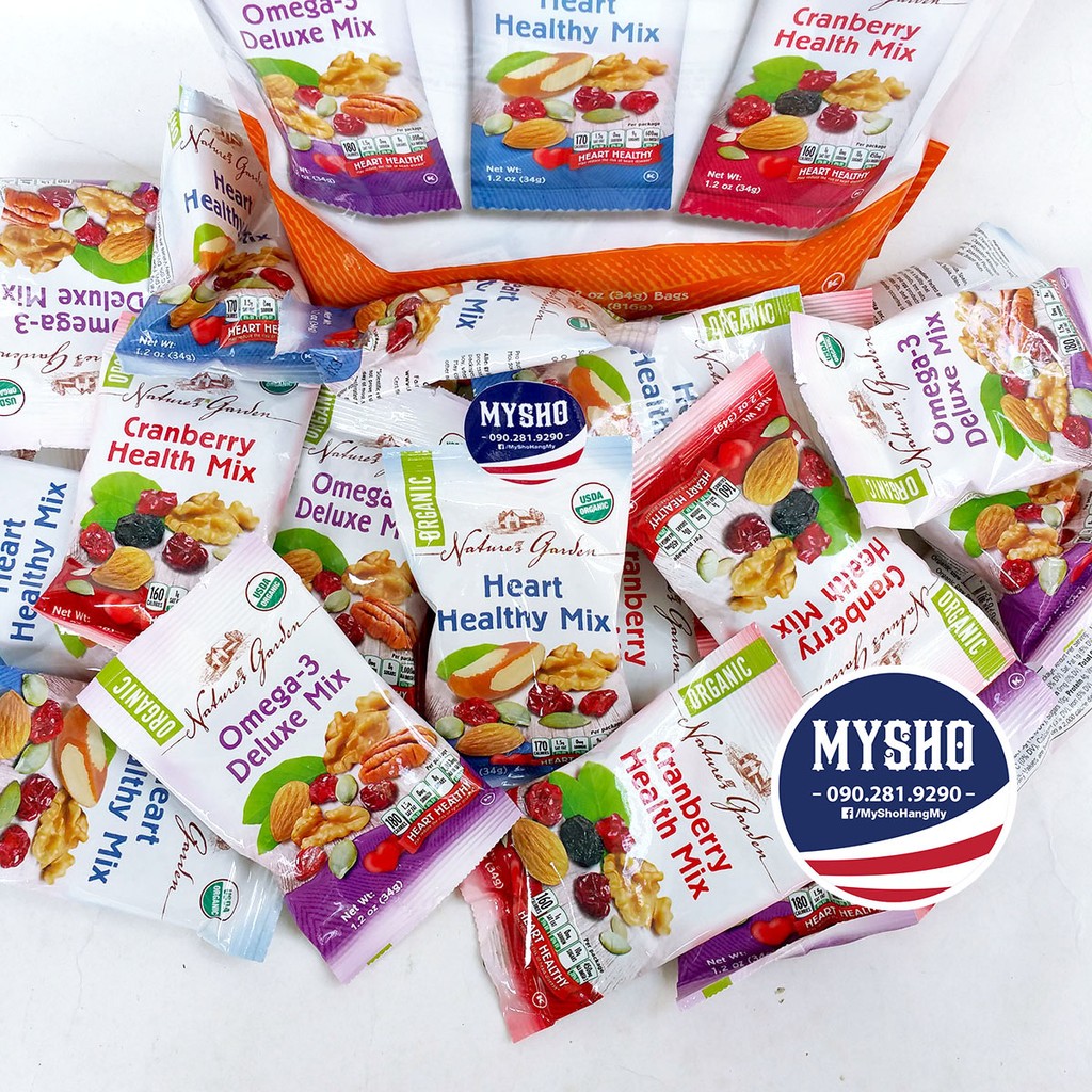 Hạt tổng hợp (Óc chó, Hạnh Nhân) Organic Trail Mix Snack 24 Packs - USDA của Nature Garden Mỹ