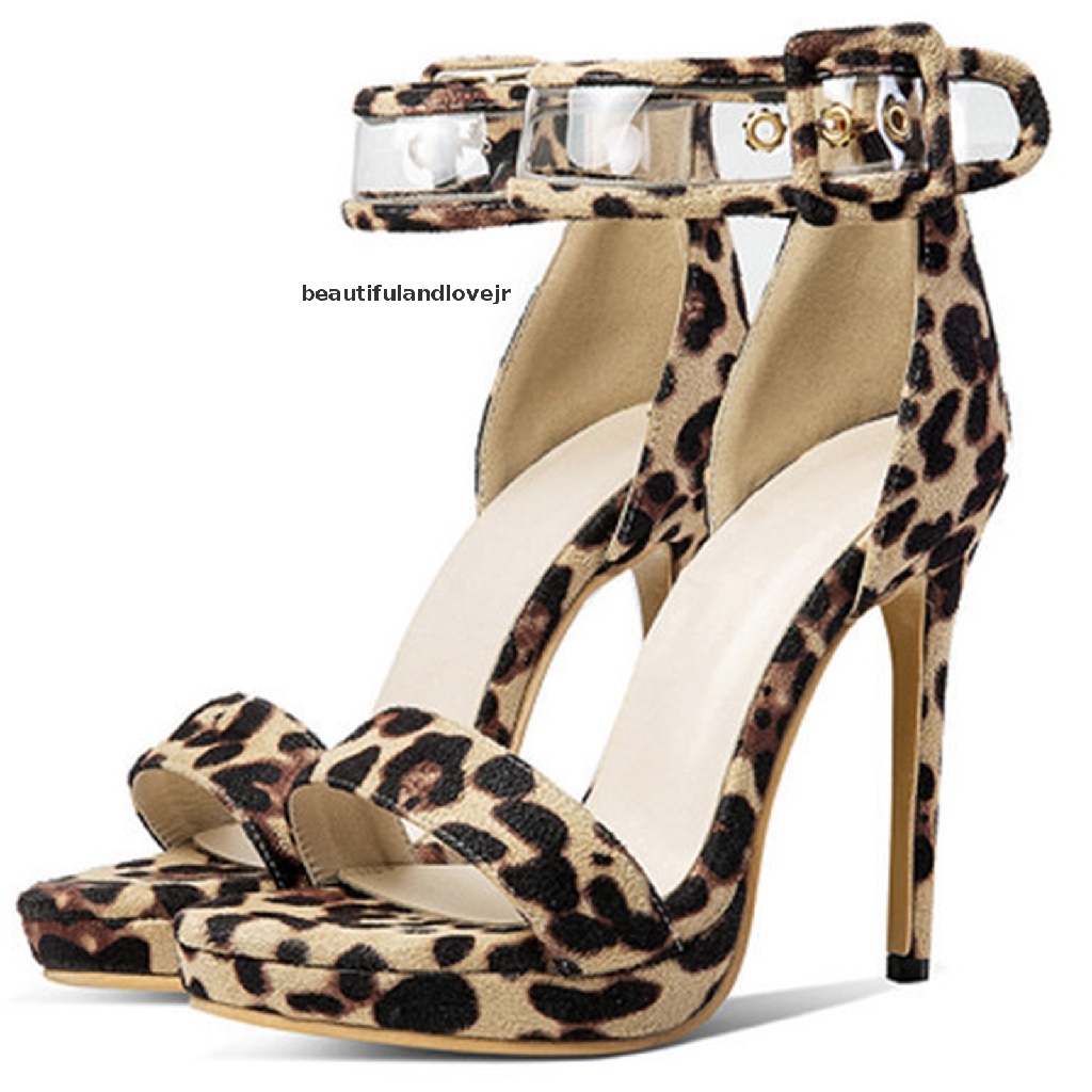 [beautifulandlovejr] Womens Leopard Print Stilettos Open Toe Platform Heels with Buckle 