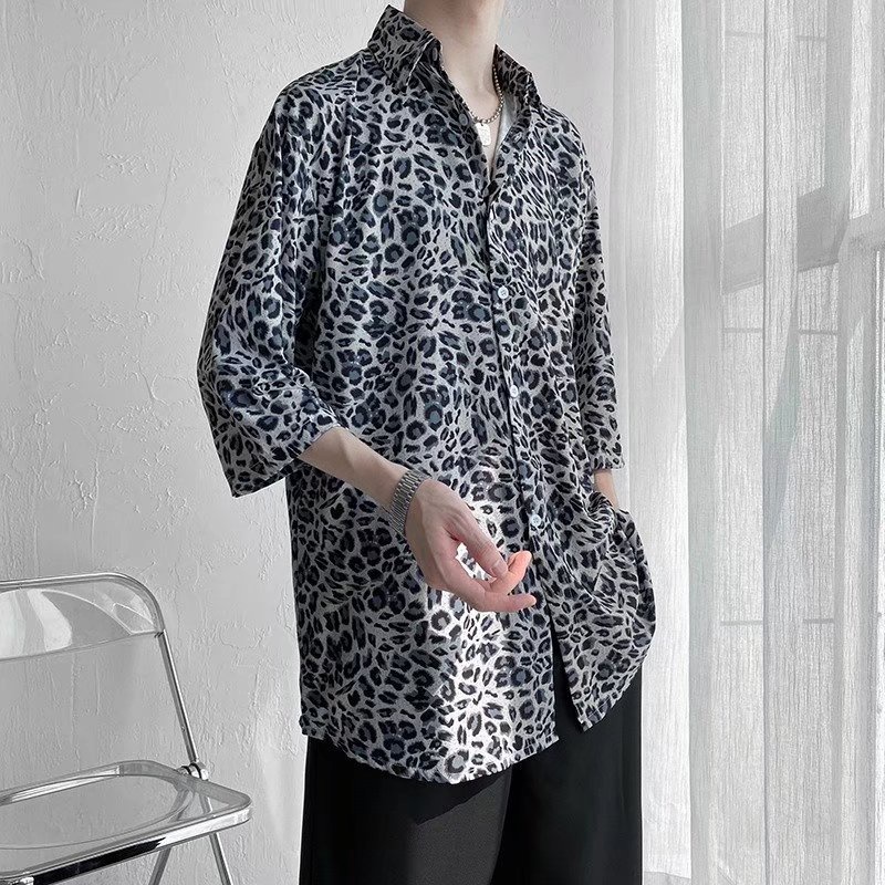 Áo Sơ Mi Lụa Lạnh Tay Ngắn In Họa Tiết Da Báo Phong Cách Nhật Bản Cho Nam