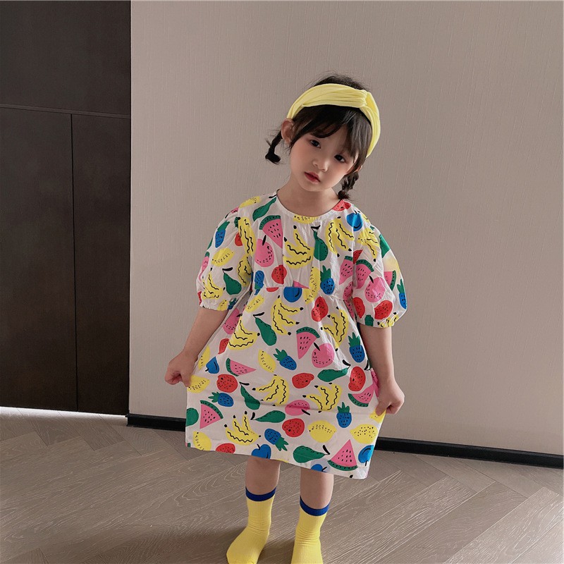 Đầm tay ngắn họa tiết trái cây nhiều màu sắc thời trang dễ thương cho bé gái