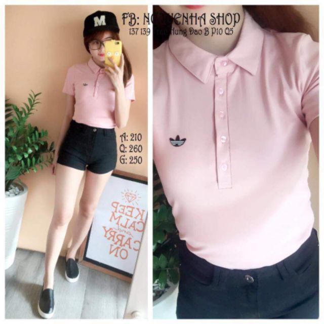Set quần short áo cổ bẻ thêu logo Adidas
