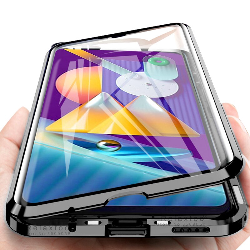 Ốp điện thoại kính cường lực 2 mặt nắp lật kim loại từ tính 360 độ cho Samsung Galaxy A11 M11