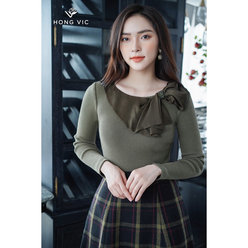 Áo kiểu nữ thiết kế Hongvic len rêu cổ nơ SM198
