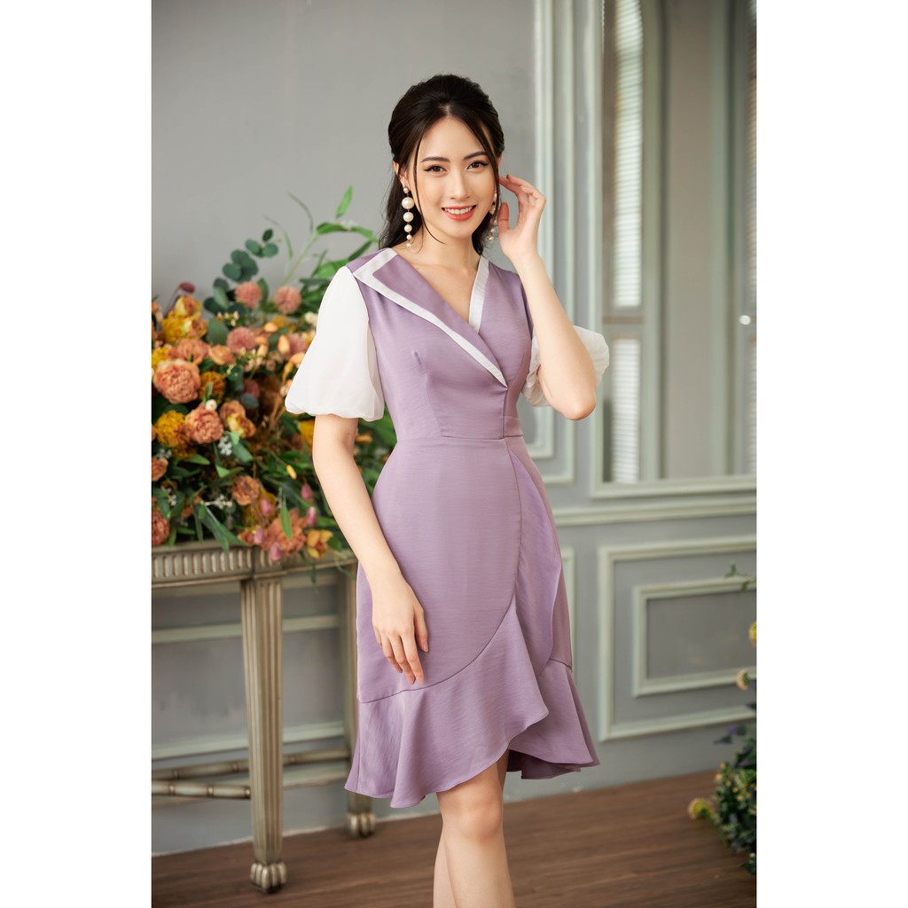 Đầm xòe phối tay Tri'C Luxury cổ phối organza Tím A20720