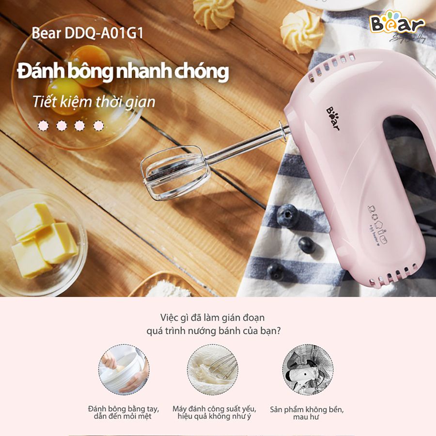 Máy đánh trứng cầm tay mini Bear A01G1, Máy đánh kem, đánh bơ tạo bọt sữa, tích hợp 5 chế độ